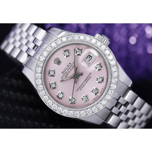 Rolex Datejust 26mm Pink Custom Diamond Dial Diamond Bezel Steel Ladies Watch