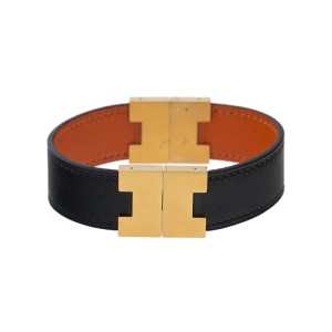 Hermes Gold-Tone Stainless Steel Reversible Orange and Black Leather Bracelet 