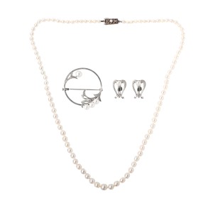 Mikimoto Pearl Necklace Earrings Pin 3 Piece Set 