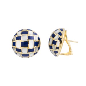 Tiffany & Co. 18k Yellow Gold Mother Of Pearl Lapis Checkerboard Vintage Earrings
