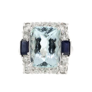 14k White Gold Aquamarine Sapphire and Diamond Ring