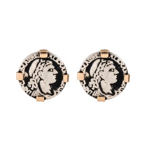 14K Yellow Gold and Sterling SIlver Greek Coin Earrings