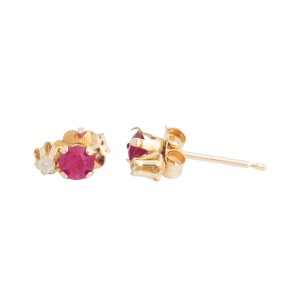 14K Yellow Gold Ruby and 0.01 Ct Diamond Stud Earrings
