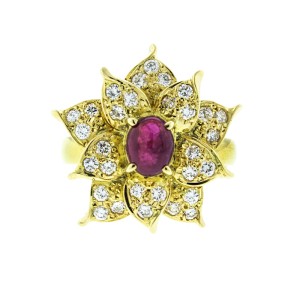 18K Yellow Gold Diamond and Ruby Flower Ring