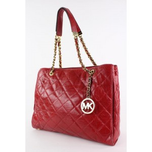 Michael Kors Quilted Red Leather MK Charm Susannah Chain Shopper Tote Bag 19MK1229