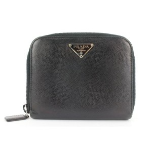 Prada Black Saffiano Leather Compact Zip Around Wallet Zippy Coin 18pr112