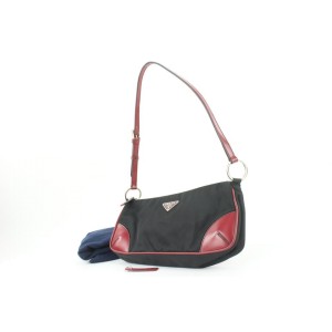 Prada Black x Red Nylon Tessuto x Leather Shoulder Baguette Mini Bag 7pr114