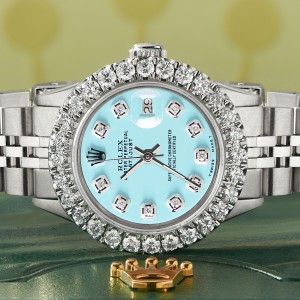 Rolex Datejust Steel 26mm Jubilee Watch 2CT Diamond Bezel / Aqua Blue Dial