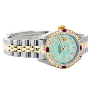 Rolex Datejust 6917 Two Tone Green Mother Of Pearl Dial Diamond & Ruby 26mm Womens Watch