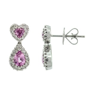 18k White Gold Diamond and Pink Sapphire Dangle Earrings