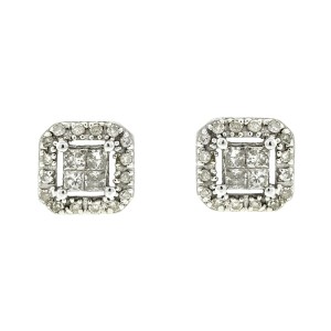 14k White Gold Square Stud Diamond Earrings
