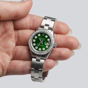 Rolex Datejust Ladies Automatic Stainless Steel 26mm Oyster Watch w/Emerald Green MOP Dial & Diamond Bezel