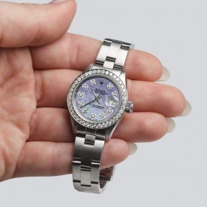Rolex Datejust Ladies Automatic Stainless Steel 26mm Oyster Watch w/Aqua Purple MOP Dial & Diamond Bezel