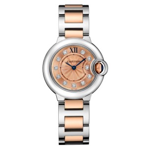 Cartier Ballon Bleu 28 18K Rose Gold & Stainless Steel Watch Diamond Dial on Bracelet WE902052