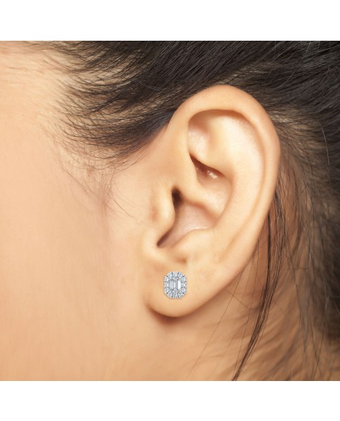1.00 Ct Emerald Shape Lab-Grown Diamond Halo Earrings set in 14K White Gold 