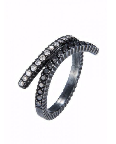 Yossi Harari Jewelry Lilah Oxidized Gilver Black & White Diamond Crisscross Ring Size 6
