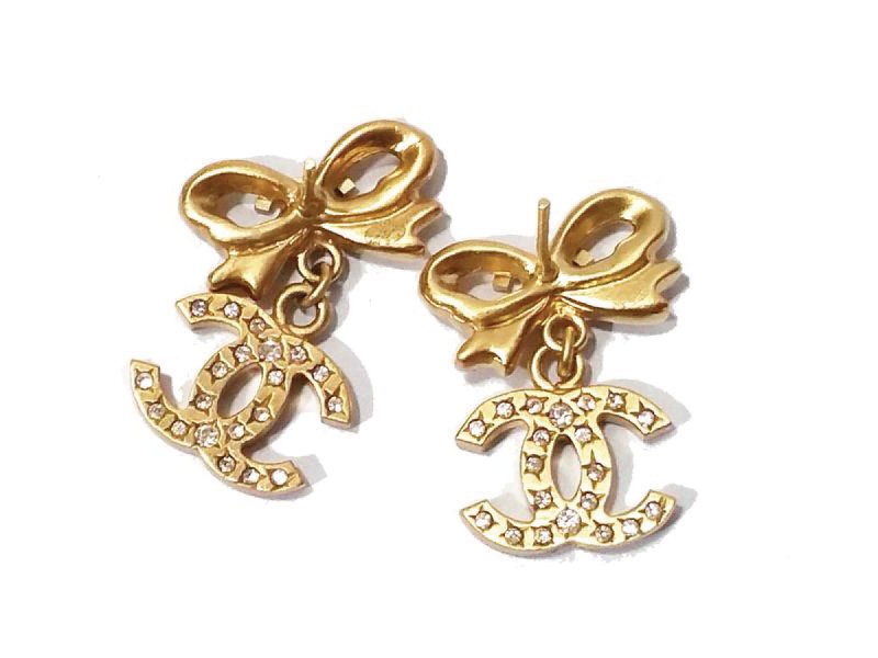 Chanel Gold Tone Metal & Crystal Ribbon Bow CC Dangle Piercing Earrings, Chanel