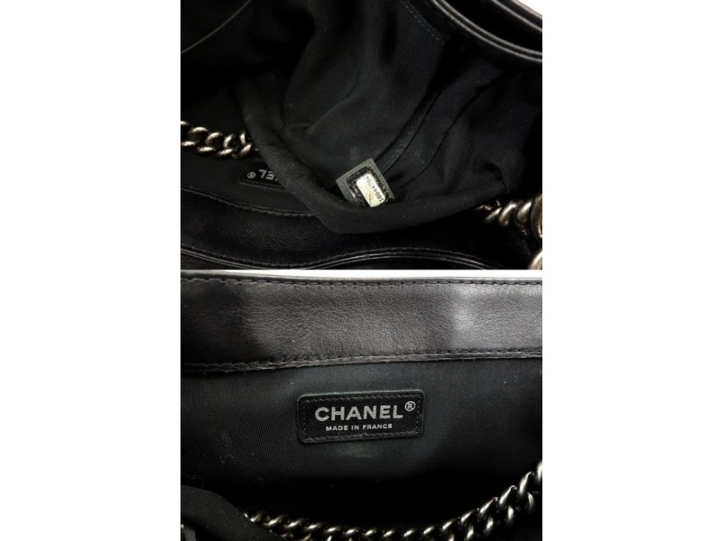 Chanel Handbag Boy Enchained Medium Chain Flap 234201 Black Leather X Tweed Shoulder  Bag, Chanel