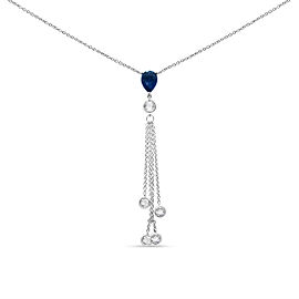 18K White Gold 3/8 Cttw Round Diamond and 8x6mm Blue Sapphire Waterfall Dangle 18" Y Necklace (F-G Color, VS2-SI1 Clarity)