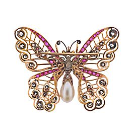 Antique Diamond Pearl Ruby Gold Silver Butterfly Brooch Pin