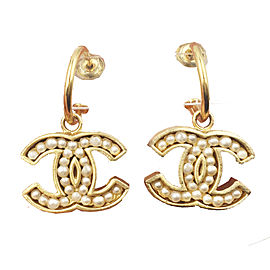 Chanel Gold Plated CC Simulated Glass Pearl Piercing Earrings