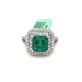 Emerald-Cut Emerald and double halo Diamond Split Shank Ring in 14K White Gold