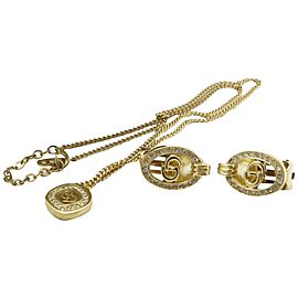 Dior Gold Tone Crystal Logo Necklace and Earrings Set 860922