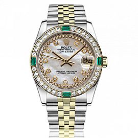 Women's Rolex 31mm Datejust Vintage Diamond Bezel with Emeralds Two Tone White MOP String Dial with Diamond Accent