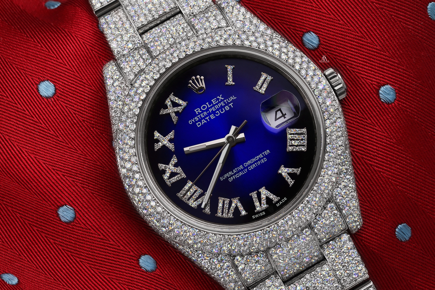 blue face iced out rolex