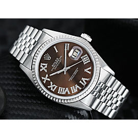 Rolex 36mm Datejust Stainless Steel Chocolate Dial Diamond Roman Numerals Jubilee Band 16014