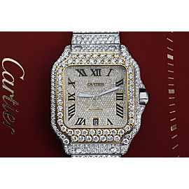 Cartier Santos De Cartier WSSA0018 Custom Diamond Stainless Steel and Yellow Gold Watch Pave Black Roman Numeral Dial
