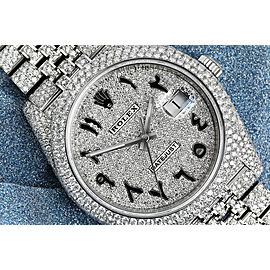 Rolex Mens Datejust 41mm Stainless Steel Pave Arabic Script Diamond Dial Jubilee Custom Fully Iced Out Watch