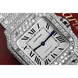 Cartier Santos De Cartier Medium WSSA0029 Custom Diamond Stainless Steel Watch White Roman Dial