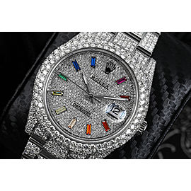 Rolex Datejust II 41mm Stainless Steel Fully Iced Out Watch with Rainbow Index Pave Diamond Dial