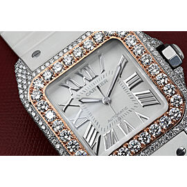 Cartier Santos 100 Staniless Steel 33mm Diamond Watch White Rubber Strap Rose Gold