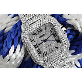 Cartier Santos De Cartier Custom Diamond Stainless Steel Watch Pave Black Roman Numeral Dial