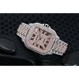 Cartier Santos De Cartier Diamond Two Tone Rose Stainless Steel Watch Pave Black Roman Numeral Dial - ALL SALES ARE FINAL!