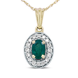 14K Yellow Gold 6x4mm Emerald and 1/5 Cttw Round Diamond Halo Pendant 18" Necklace - (H-I Color, SI1-SI2 Clarity)