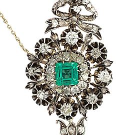 Edwardian Silver and Gold Diamond and Colombian Emerald Brooch