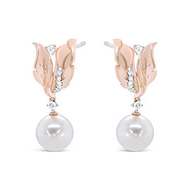 14K Rose Gold 1/6 Cttw Round Diamond and 8mm Round Pearl Floral Drop Stud Earrings (H-I Color, I1-I2 Clarity)
