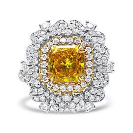18k Yellow and White Gold 2 3/4 Cttw Lab Grown Yellow Radiant Cut Diamond Halo Cluster Ring (Yellow/G-H Color, VS1-VS2 Clarity) - Size 5.75