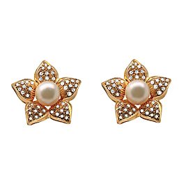 14k Yellow Gold Pearl and Diamond Flower Earrings Ring and Brooch Set