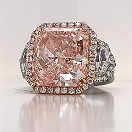 15 Carat Radiant Fancy Pink 3 stone Diamond Engagement Ring GIA Certified 13 CT Fancy Orangey Pink by Mike Nekta NYC
