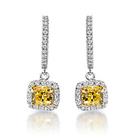Madeleine Carat Cushion Cut Diamond Leverback Earrings with yellow diamonds in 14k White Gold