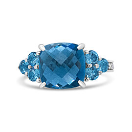 18K White Gold 10mm Cushion Shaped Blue Topaz and 1/6 Cttw Diamond 3 Stone Style Ring (F-G Color, VS1-VS2 Clarity) - Ring Size 6.5