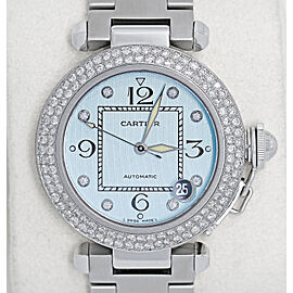 Cartier Pasha Ladies Stainless Steel Watch with Baby Blue Diamond Dial Diamond Bezel