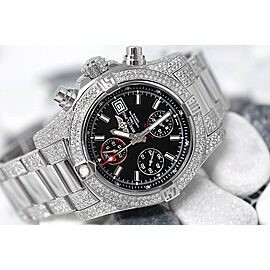 Breitling Avenger II Chronograph Black Dial Fully Iced Out Stainless Steel Watch 43mm A13381