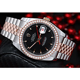 Rolex Datejust Turn-O-Graph Two Tone Stainless Steen and Rose Gold Watch Black Dial Diamond Bezel 36mm