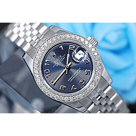 Rolex Ladies Datejust 26mm Blue Arabic Numerals Dial Diamond Bezel Steel Ladies Watch