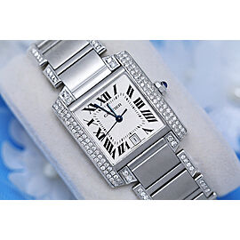 Cartier Tank Francaise Large Model Custom Diamonds on Sides Steel Watch 32 mm x 28.15 mm